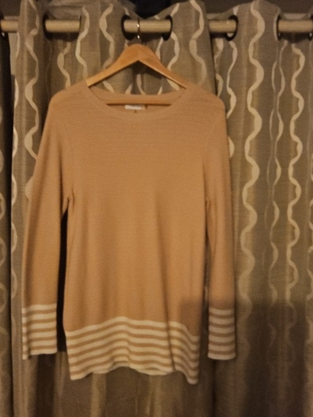 Calvin Klein Beige and White Striped Hem Crewneck Sweater